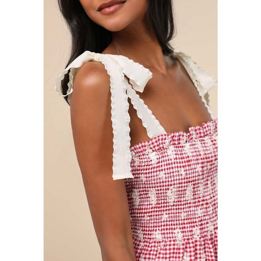 JACQUIE THE LABEL Red Isabella Gingham Embroidered Tiered Midi Dress Size S NWT - Picture 4 of 8